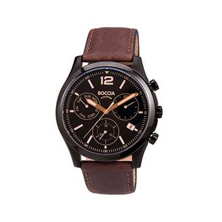Boccia Titanium Black Face Brown Band Chronograph - 3757-02 - Click Image to Close